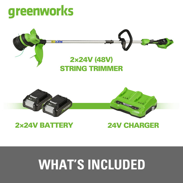 Greenworks Akumulatorowa podkaszarka do trawy GD24X2LT (Li-Ion 2x24V szerokość koszenia 33cm 6200 obr/min średnica żyłki 2mm uderzeniowa głowica tnąca Flowerguard z akumulatorem 2x2Ah i ładowarką)