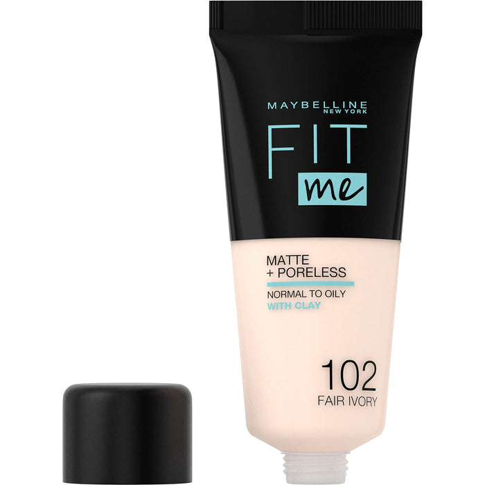 Maybelline New York Fit Me Matte+Poreless matujący podkład dla skóry mieszanej i tłustej, fluid z glinką kosmetyczną, naturalny mat bez świecenia, 102 Fair Ivory, 30 ml