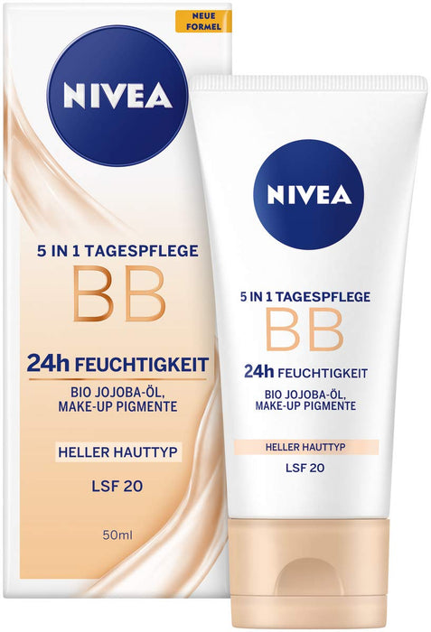 NIVEA BB 5 w 1 pielęgnacja dzienna 24h nawilżenie (50 ml), krem BB do jasnych typów skóry z SPF 20, przyciemniany krem na dzień z ekologicznym olejkiem jojoba i pigmentami do makijażu