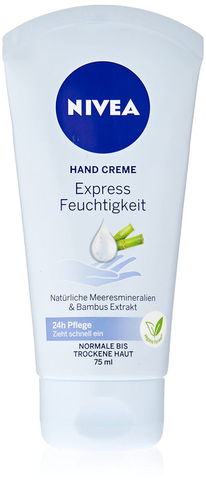 NIVEA Ekspresowy krem nawilżający do rąk (75 ml), lekki krem do skóry z ekstraktem z bambusa i naturalnymi minerałami morskimi, szybko wchłaniająca się pielęgnacja rąk