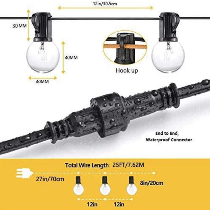 Zewnętrzne łańcuchy świetlne do ogrodu, 7,5 m G40 na zewnątrz, wodoodporne światła do wewnątrz i na zewnątrz, na taras, Boże Narodzenie, dekoracja weselna (25 żarówek + 3 zapasowe żarówki)