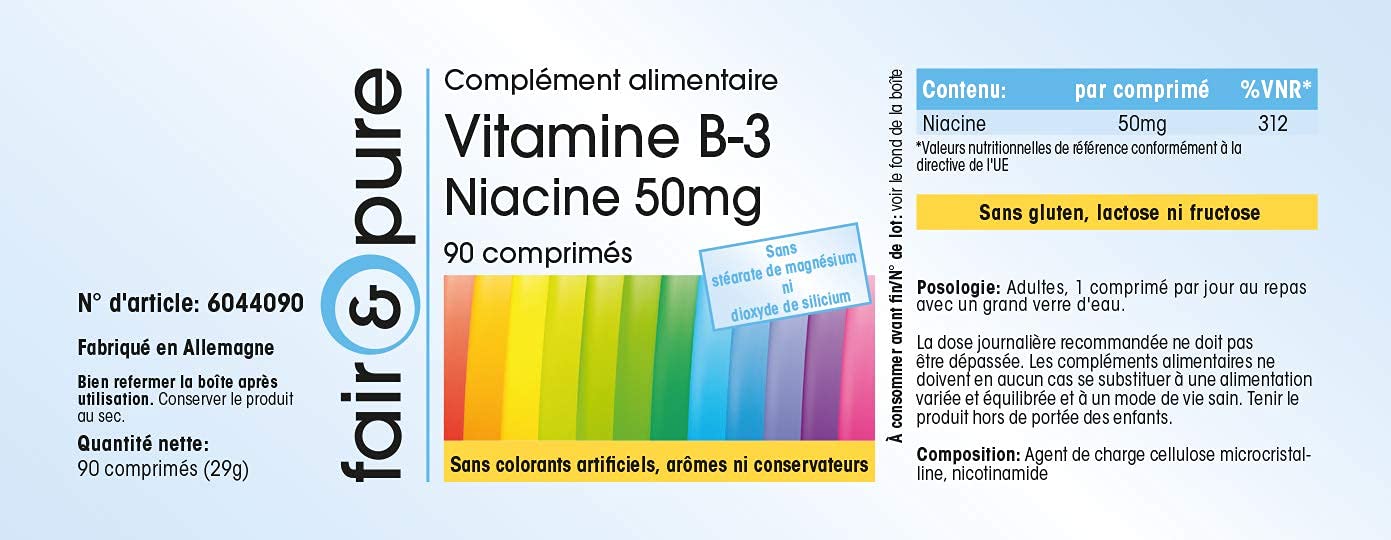 Witamina B3 Tabletki - Niacyna 50mg jak Nikotynamid - bez spłukiwania - wegańskie - bez stearynianu magnezu - 90 tabletek Niacyny