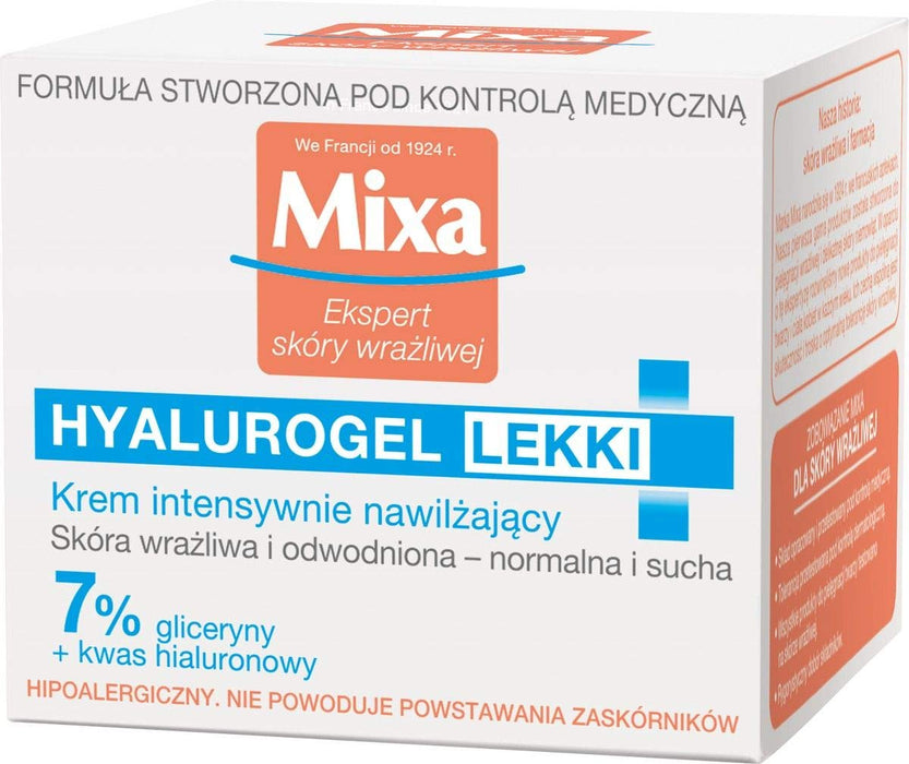 Mixa Hyalurogel lekki krem do twarzy z kwasem hialuronowym i gliceryną do skóry wrażliwej i odwodnionej, nawilżenie do 24 godzin, 50 ml