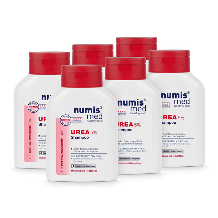 numis med Szampon z 5% Urea – 6 x uspokajający szampon do włosów dla bardzo suchej, skłonnej do swędzenia skóry głowy – wegańska pielęgnacja włosów bez silikonu, parabenów i oleju mineralnego – szampon do włosów (6 x 200 ml)