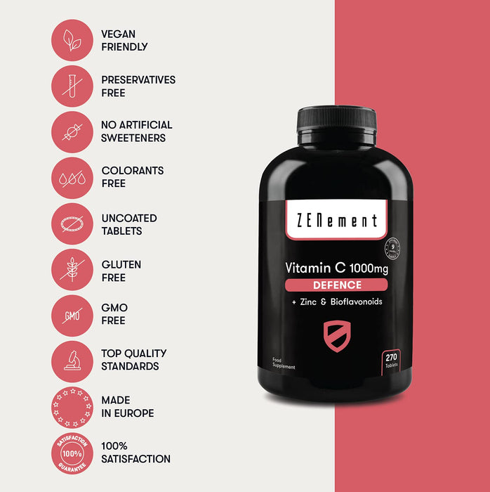 Witamina C Defence, z 1000 mg witaminy C + bioflawonoidy i cynk, 270 Tabletek | Wspiera układ odpornościowy i zmniejsza zmęczenie | Wegańska, bez dodatków, bez GMO, bez alergenów | od Zenement