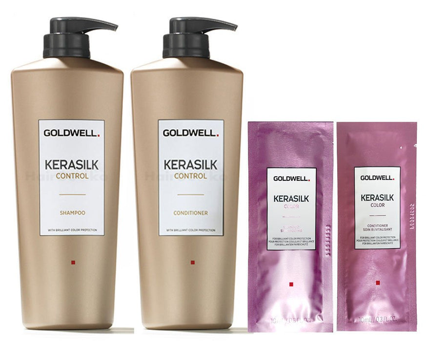 Goldwell Kerasilk Control Set – szampon 1 l + odżywka 1 l + 2 x saszetki kolorowe