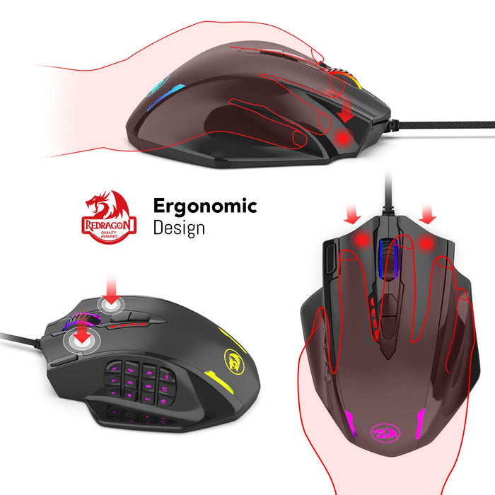 Redragon M908 Impact RGB LED MMO mysz z bocznymi przyciskami, optyczna przewodowa mysz do gier z 12 400 DPI, wysoka precyzja, 20 programowalnych przycisków myszy