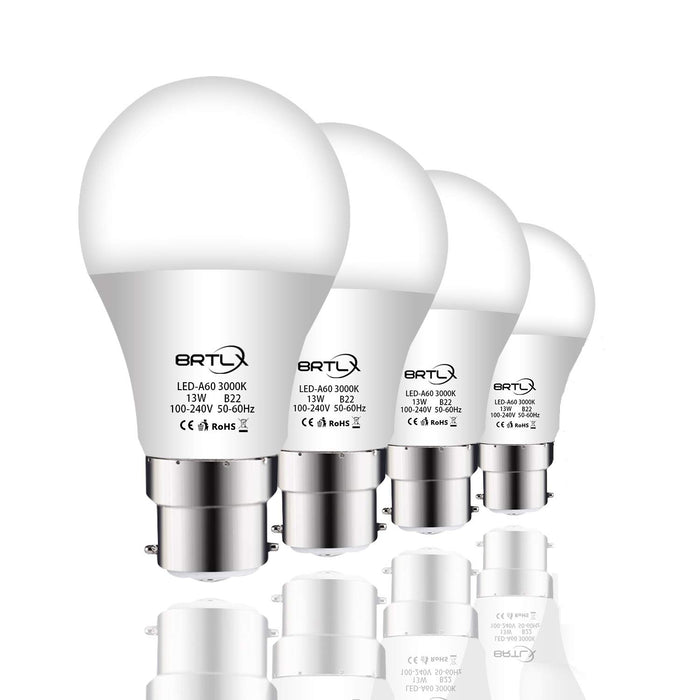BRTLX 13 W B22 żarówki LED bagnetowe ciepłe białe 3000 K A60 200 stopni kąt świecenia 1040 lumenów matowe bez ściemniania 4-pak