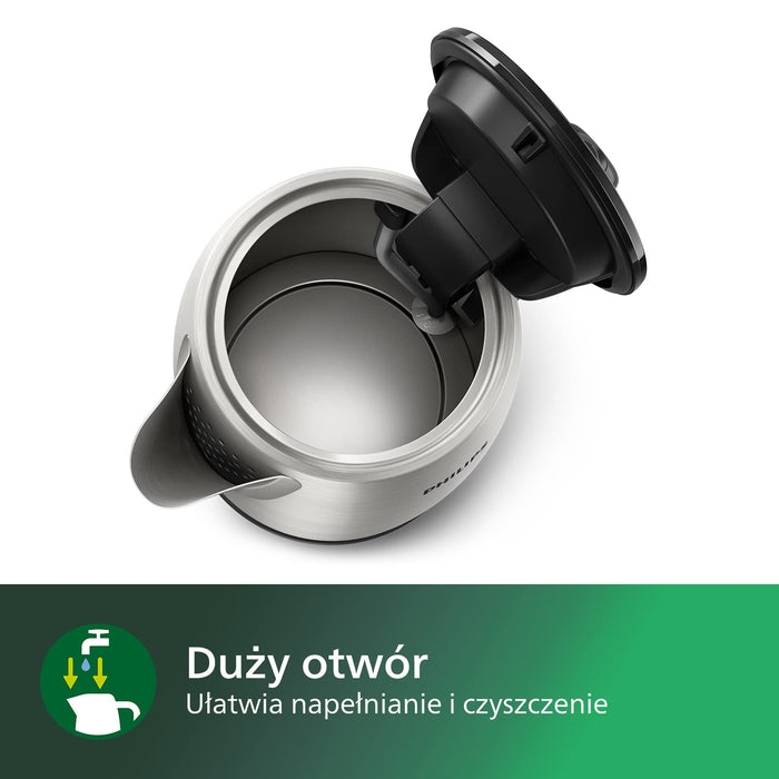 Philips Czajnik elektryczny - 1,7 l, Pokrywka z mechanizmem sprężynowym, Wskaźnik świetlny, Stal szlachetna, Obrotowa podstawa (HD9350/90)