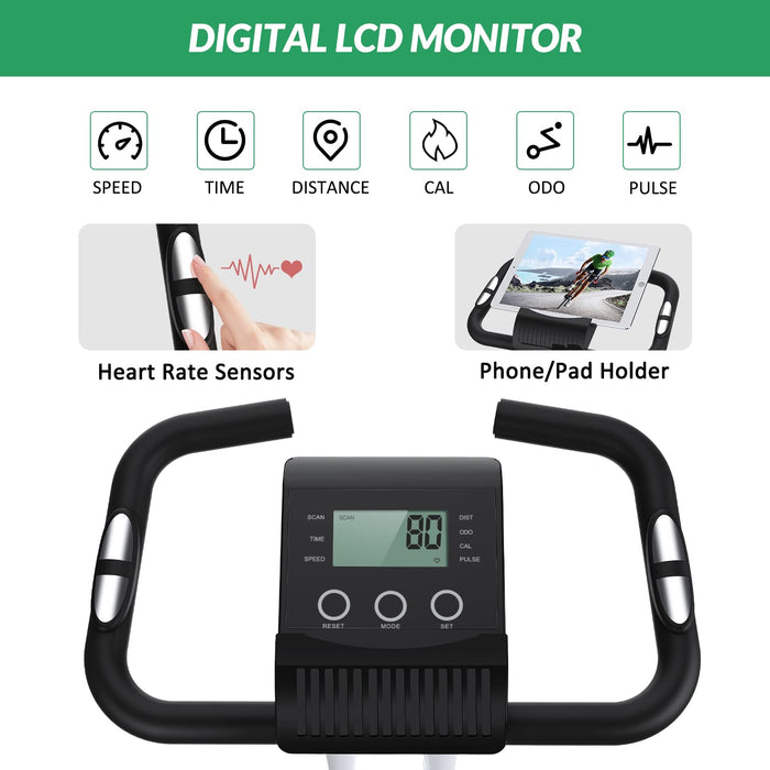 Micyox MX-600 magnetyczny składany rower rowerowy z wyświetlaczem LCD i czujnikiem tętna, domowy rower, z taśmami oporowymi, oszczędzający miejsce sprzęt do ćwiczeń fitness