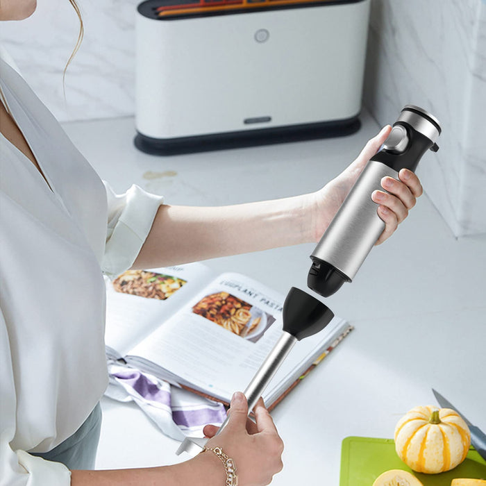 Blender ręczny ze stali nierdzewnej, 1000 W, 4 w 1, wielofunkcyjny, bezstopniowa prędkość, 4 łopatki noża, 700 ml, kubek z miarką, mikser elektryczny rozdrabniacz