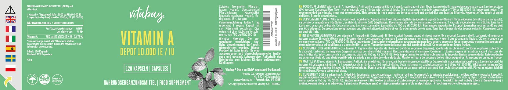 Vitabay Witamina A 10 000 II • 120 kapsułek wegańskich • witaminy pod oczy • wysoka dawka • biostępność • nie zawiera laktozy, glutenu i żelatyny • Made in Germany