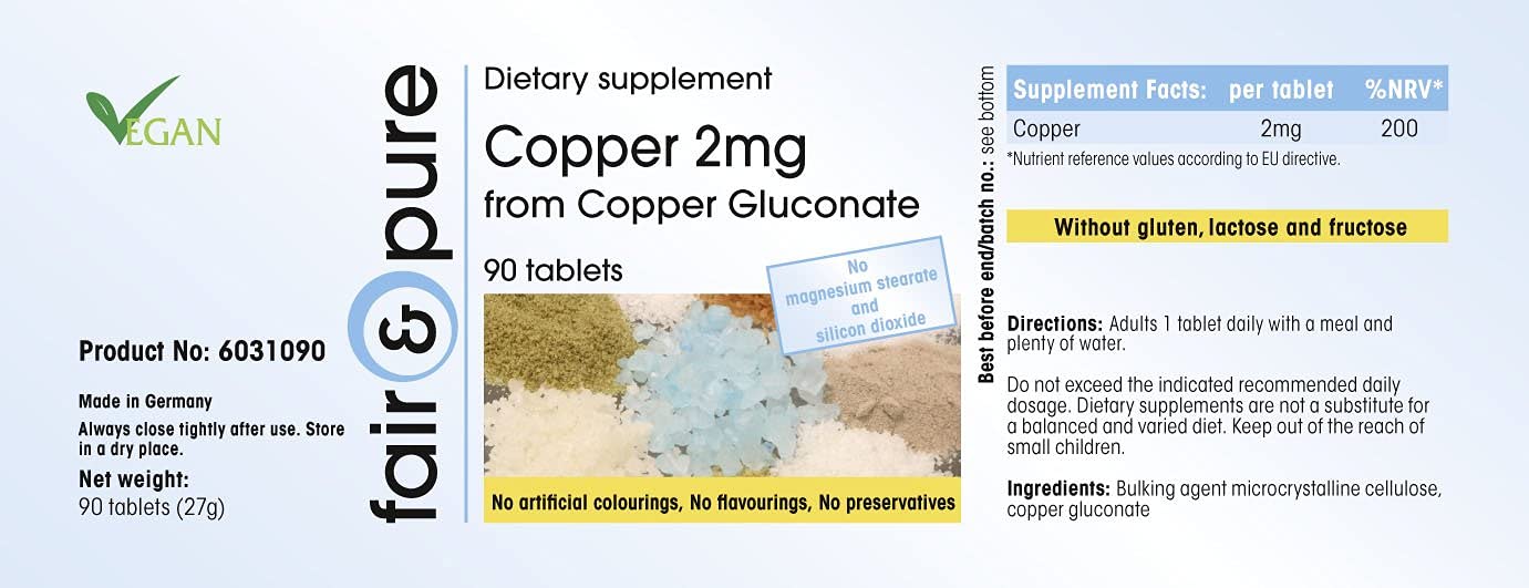 Miedź tabletki 2mg - glukonian miedzi - wegańskie - bez stearynianu magnezu - 90 tabletek