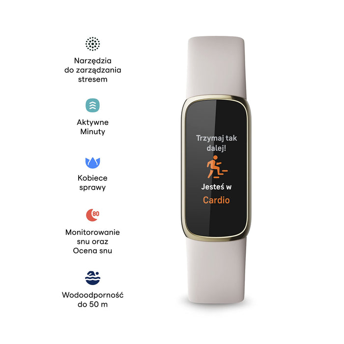 Tracker Fitbit Luxe oferujący żywotność baterii nawet do 5 dni, narzędzia do zarządzania stresem i Aktywne Minuty.