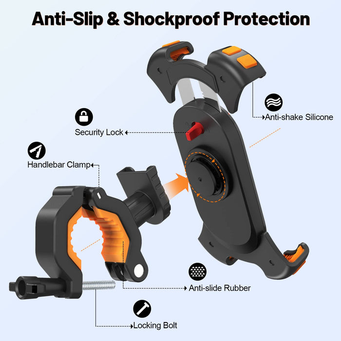 Rouclo uchwyt na telefon rowerowy, uchwyt na telefon motocyklowy z obrotowym 360° uchwyt na telefon rowerowy do elektrycznego, roweru górskiego, skutera, uniwersalny uchwyt rowerowy dla smartfonów 4,5-6,9 cala, pomarańczowy