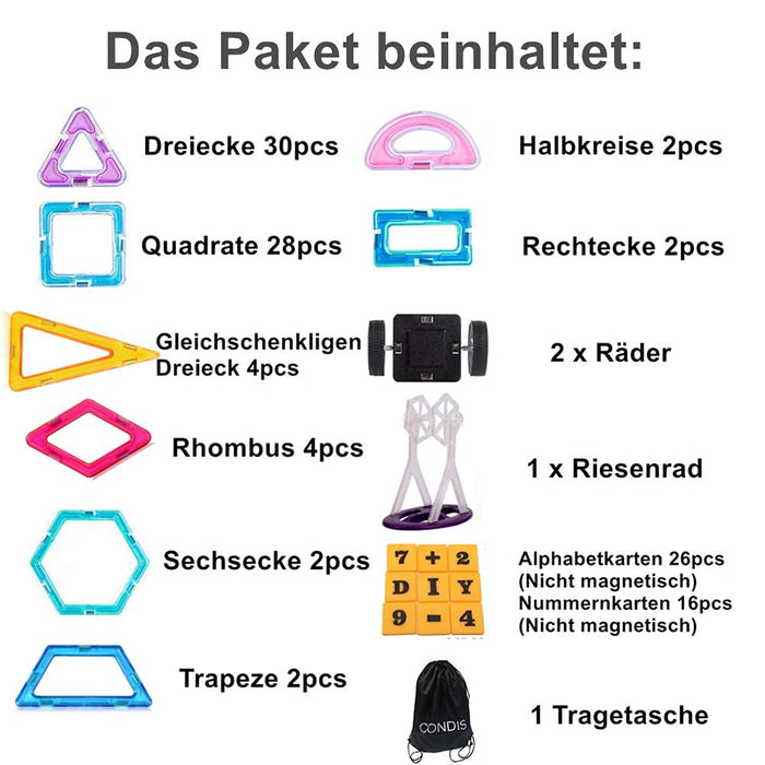 Klocki Magnetyczne 120 Części, Magnetyczne Klocki dla dzieci Konstrukcyjne zabawki dla 3 4 5 6 7 Latka Prezent Chłopców Dziewczynek Kreatywne Zabawki Gry Przedszkola Świąteczne Prezent CONDIS