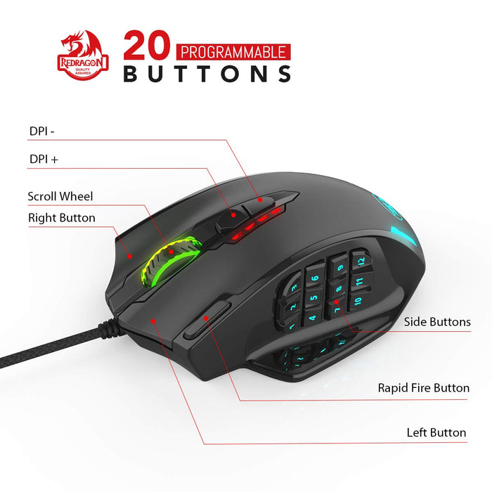 Redragon M908 Impact RGB LED MMO mysz z bocznymi przyciskami, optyczna przewodowa mysz do gier z 12 400 DPI, wysoka precyzja, 20 programowalnych przycisków myszy