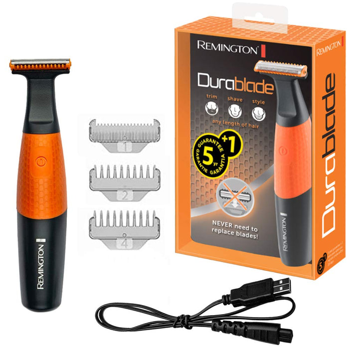 Remington trymer do brody, 3 nakładki 1-4mm, golenie na sucho i mokro, do 40 min. pracy bezprzewodowej, ładowanie USB, czarny/pomarańczowy, Durablade MB010