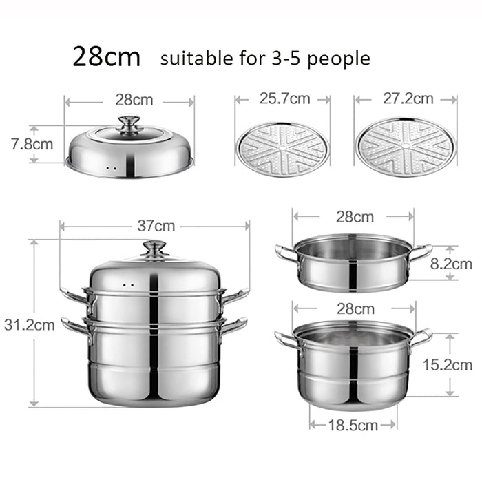 Garnek do gotowania na parze, 3-warstwowy garnek do gotowania ze stali nierdzewnej, do kuchenki gazowej/indukcyjnej, 28 cm dla 3-5 osób