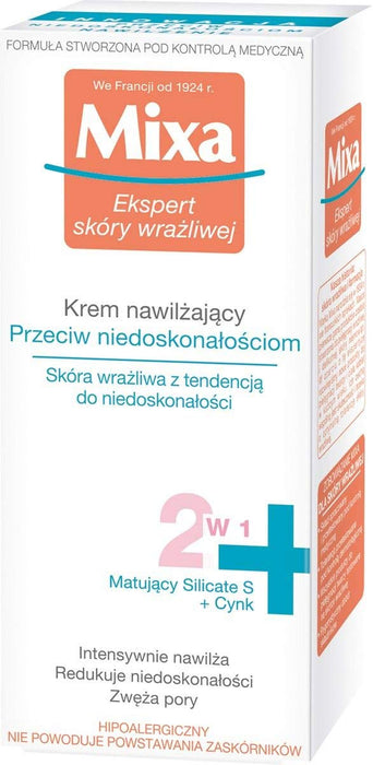 Mixa Przeciw Niedoskonałościom nawilżający krem do twarzy 2w1, z cynkiem i silikatem S, matujący, dla skóry wrażliwej z tendencją do niedoskonałości, 50 ml