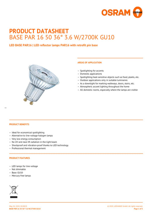 Żarówka reflektorowa LED Osram Base PAR16 z gniazdem GU10, 4,3 W, 10 sztuk [klasa energetyczna A ++]