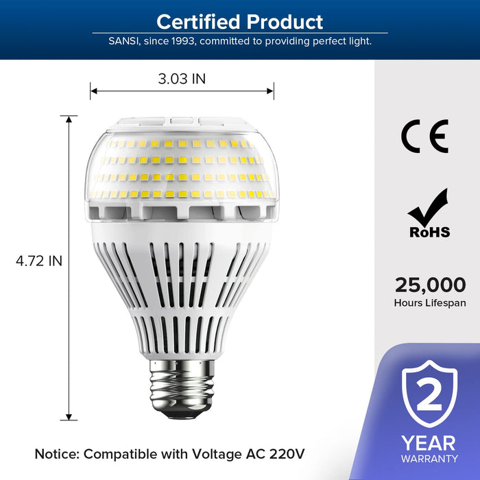 SANSI Żarówka LED E27, 22 W, zastępuje żarówkę o mocy 200 W, gwint Edison E27, 5000 kelwinów, zimna biel, 3000 lumenów, super jasne diody LED do kuchni, warsztatu, garażu, podwórza, bez możliwości ściemniania, 2 sztuki