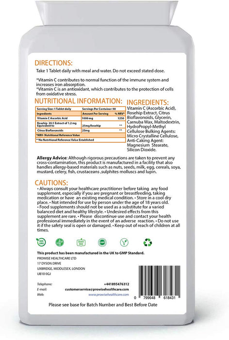 Witamina C 1000 mg z dzikiej róży i bioflawonoidami 90 wegańskich i wegetariańskich tabletek | przyczynia się do normalnego funkcjonowania układu odpornościowego - UK Manufactured | standardy GMP firmy Prowise Healthcare