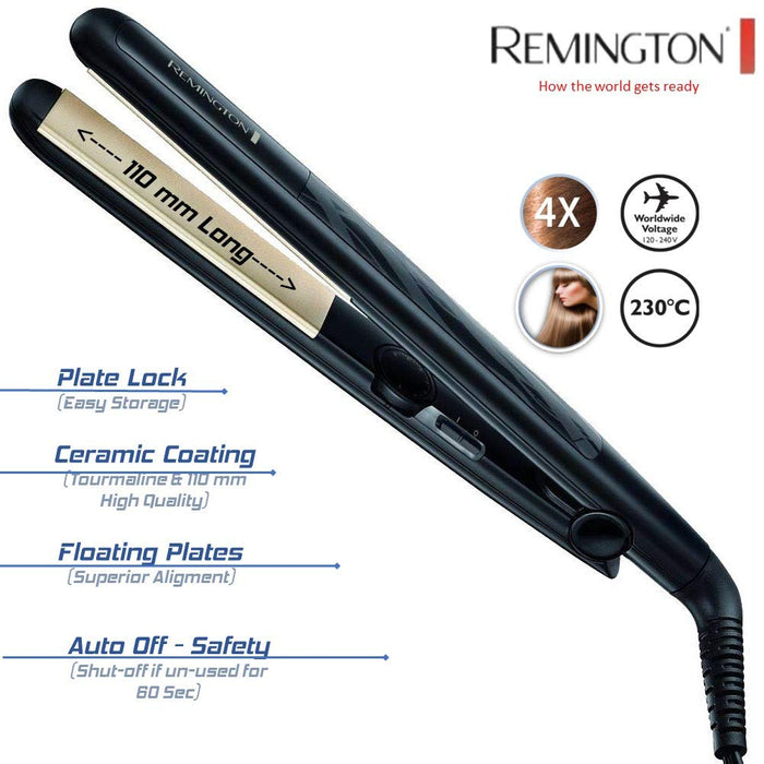 Remington prostownica do włosów z jonizacją, powłoka ceramiczno-turmalinowa, 4x ochrona włosów, zakres temp. 150-230°C, obrotowy przewód 1.8m, etui, moc 40W, czarna, Ceramic Slim S3500