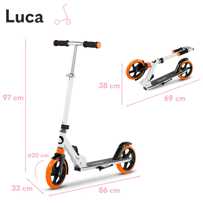 LIONELO Luca hulajnoga do 100 kg, lekka wytrzymała i składana konstrukcja, amortyzator, duże koła, regulowana wysokość kierownicy, antypoślizgowy podest, amortyzacja ShockResist … (BIało/Pomarańczowy)