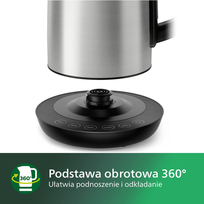 Philips Czajnik elektryczny - 1,7 l, Regulacja temperatury, Funkcja utrzymywania ciepła, Pokrywka z mechanizmem sprężynowym, Wskaźnik świetlny, Stal szlachetna, Obrotowa podstawa (HD9359/90)