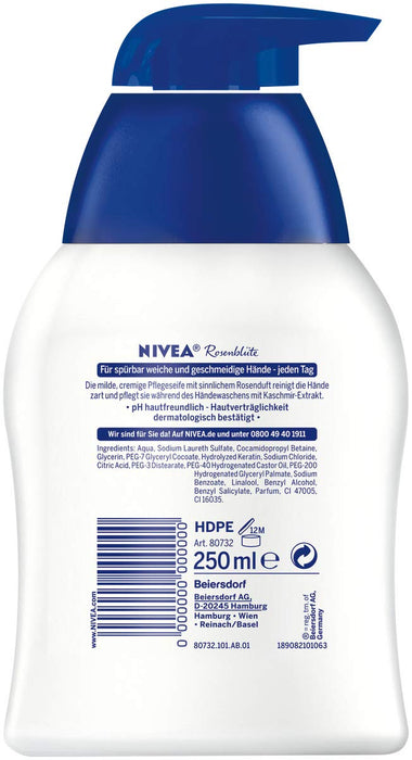 NIVEA Mydło pielęgnacyjne kwiat róży (250 ml), pielęgnujące mydło w płynie dla odczuwalnie miękkich, gładkich dłoni, przyjazne dla skóry mydło do rąk o zapachu kwiatu róży