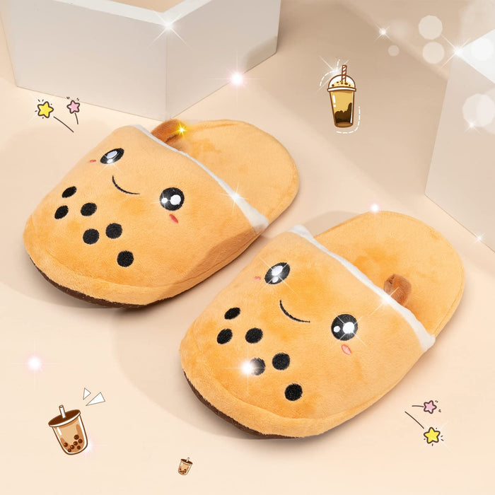 Glopastel Boba kapcie | urocze anime kawaii bubble tea puszyste wsuwane buty domowe | jeden rozmiar dla dorosłych, kobiet, mężczyzn (beżowe)