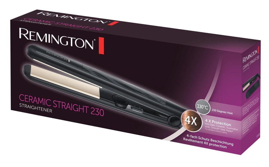 Remington prostownica do włosów z jonizacją, powłoka ceramiczno-turmalinowa, 4x ochrona włosów, zakres temp. 150-230°C, obrotowy przewód 1.8m, etui, moc 40W, czarna, Ceramic Slim S3500