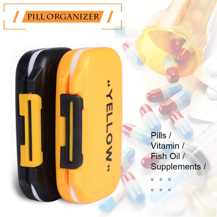 YNester 2 opakowania pudełek na pigułki, modny organizer na pigułki podróżne pudełko na tabletki medyczne pudełko na tabletki do witamin suplementów pudełko na leki – 4 zdejmowane przegrody (żółty + czarny)