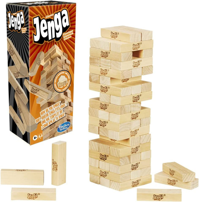 Klasyczna gra Jenga z oryginalnymi drewnianymi klockami dla dzieci w wieku od 6 lat, dla 1 lub więcej graczy