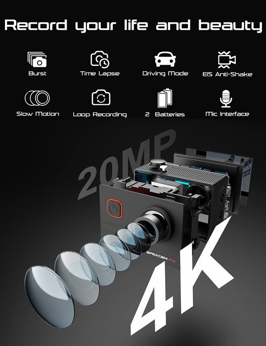 Apexcam M90 Pro EIS kamera sportowa 4K 20 MP WIFI do uprawiania sportu szeroki kąt 40 m wodoodporny z pilotem Selfie Stick 2 akumulatory i akcesoria zestaw