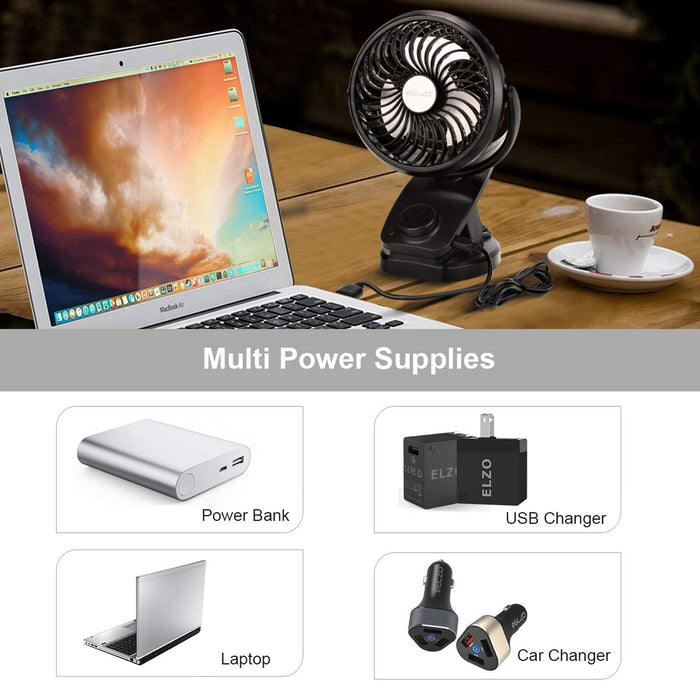 ELZO Wentylator biurkowy z klipsem na wentylator ładowany 5000 mAh, wentylator USB mini cichy wentylator chłodzący wentylator biurowy z 360 poziomymi obrotami do wózka dziecięcego, samochodu, siłowni, biura, na zewnątrz, w podróży, na kemping, czarny