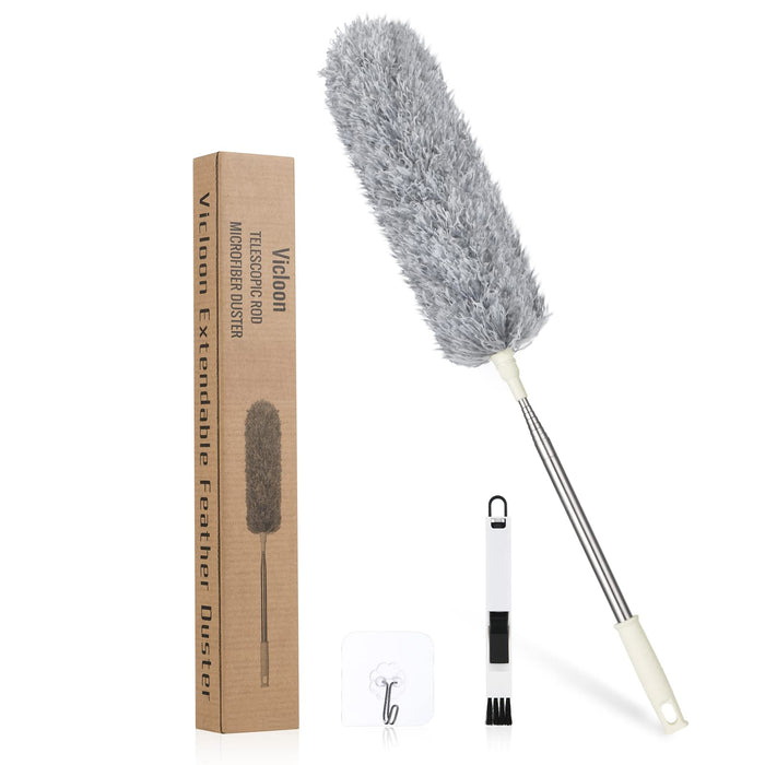 Teleskopowy Miotełka do Kurzu Vicloon, Mop z Mikrofibry o Długości do 243 cm, z Małą Szczotką do Czyszczenia Okien i Drążkiem Teleskopowym ze Stali Nierdzewnej, Nadająca się do Prania, Zginana Szczotka Narożna, Bez Wysiłku Usuwa Kurz