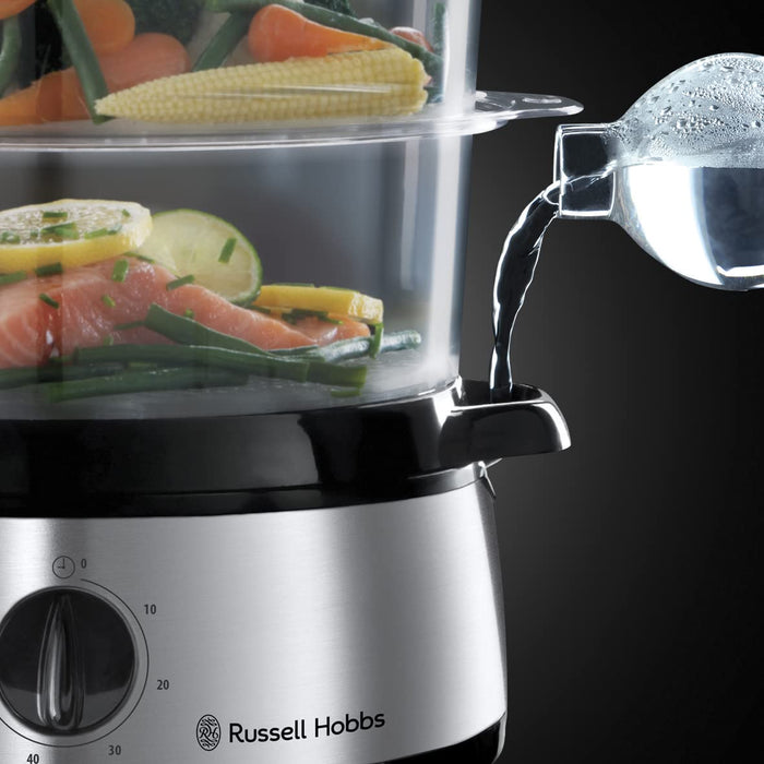 Russell Hobbs parowar, pojemność 9l, timer 0-60 min, 3 pojemniki do gotowania na parze, dzwonek informujący o zakończeniu, stal nierdzewna, moc 800W, srebrny, Cook@Home 19270-56