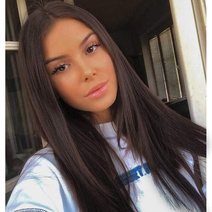 Peruka brązowa damska długa, gładka peruka dla afro/kobiet/dziewcząt, naturalna część środkowa, mała koronka, peruka, na imprezę/do kostiumu, koronka, ciemnobrązowa, peruka R012B