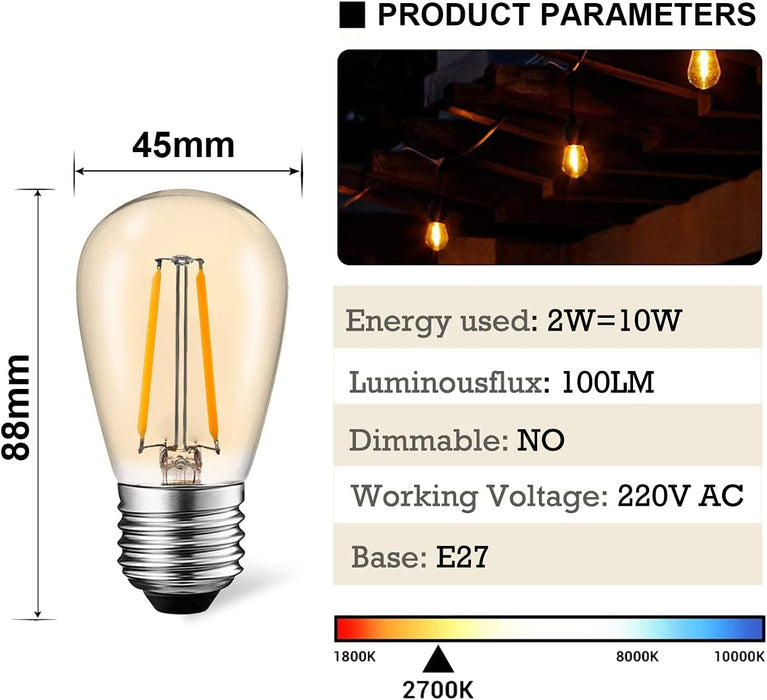 Suncan S14 E27 Edison żarówka LED, 2 W = 10 W, styl vintage, szkło bursztynowe, ciepła biel 2700 K, kąt świecenia 360°, bez możliwości ściemniania, 10 sztuk w opakowaniu
