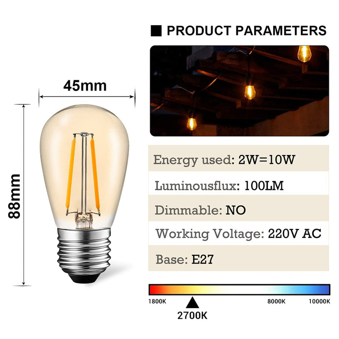 Suncan S14 E27 Edison żarówka LED, 2 W = 10 W, styl vintage, szkło bursztynowe, ciepła biel 2700 K, kąt świecenia 360°, bez możliwości ściemniania, 10 sztuk w opakowaniu