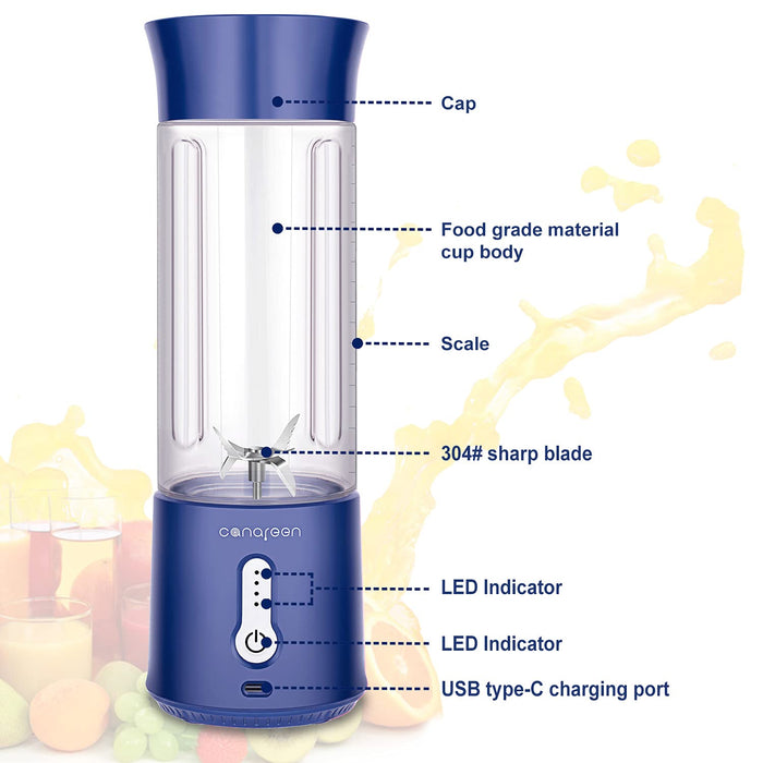 Canareen Portable Blender Smoothie Maker - 500ML Blender do koktajli i soków | Mini blender USB z akumulatorem 4000mAh z 6 ostrzami | Blender ręczny do sporty podróż siłownia