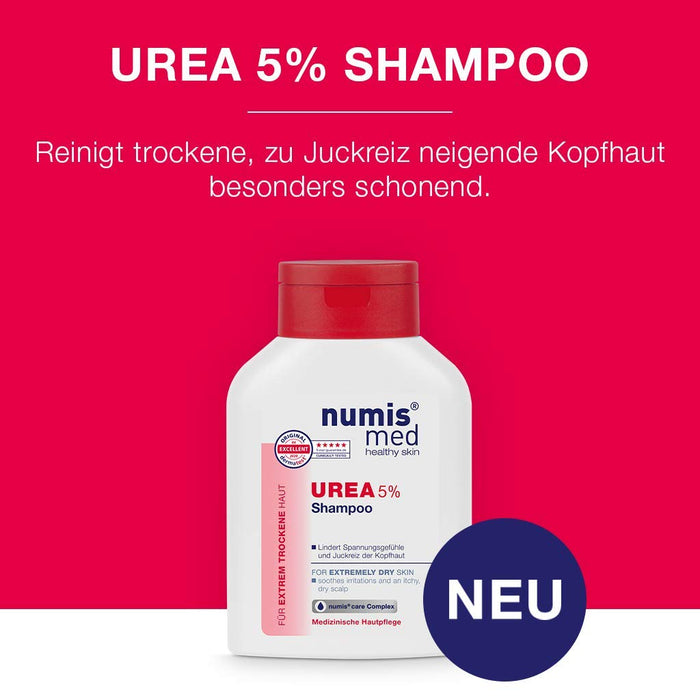 numis med Szampon z 5% Urea – 6 x uspokajający szampon do włosów dla bardzo suchej, skłonnej do swędzenia skóry głowy – wegańska pielęgnacja włosów bez silikonu, parabenów i oleju mineralnego – szampon do włosów (6 x 200 ml)
