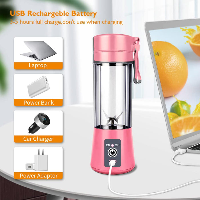 Ksera Przenośny blender, kubek do sokowirówki do smoothie, osobisty mini blender do smoothie, wstrząsów – sześć ostrzy, ładowana przez USB, ręczna sokowirówka do owoców (różowa)