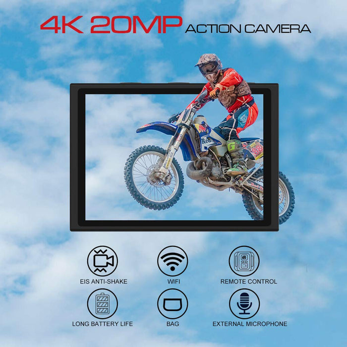 Apexcam Kamera sportowa 4K 20MP, kamera sportowa EIS WiFi, wodoszczelna kamera podwodna, 40 m, zewnętrzny mikrofon 2,0" LCD 170°, kąt widzenia 2,4 G, pilot zdalnego sterowania, 2 baterie 1200 mAh i inne