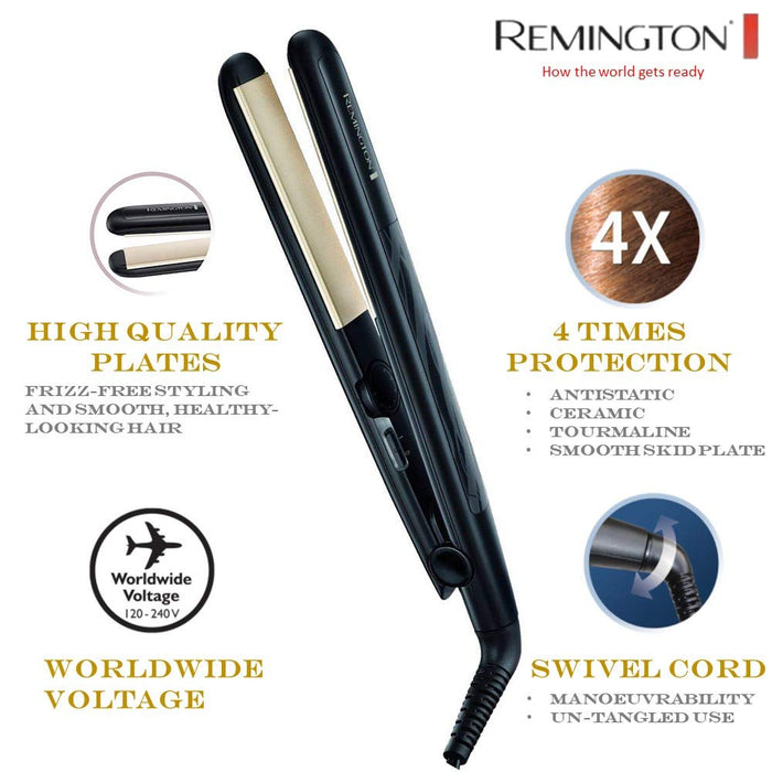 Remington prostownica do włosów z jonizacją, powłoka ceramiczno-turmalinowa, 4x ochrona włosów, zakres temp. 150-230°C, obrotowy przewód 1.8m, etui, moc 40W, czarna, Ceramic Slim S3500