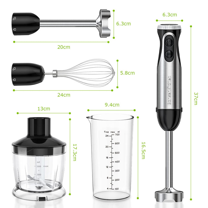 Bonsenkitchen Blender ręczny 4 w 1, elektryczny blender ręczny, 1000 W, bezstopniowa prędkość, ze stali nierdzewnej, trzepaczka, rozdrabniacz 500 ml i kubek z miarką 700 ml do jedzenia dla niemowląt, HB3203 (czarny)