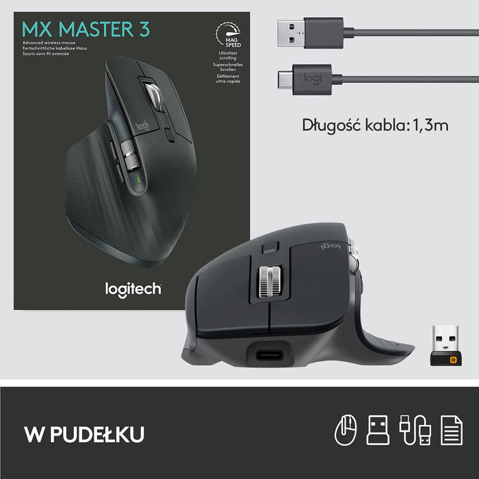 Logitech Mx Master 3 Advanced Wireless Mouse, Seria Master Firmy Logitech, Pc/Mac - Grafit,910-005694