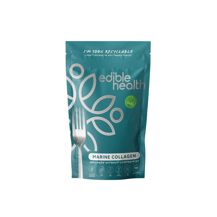 Edible Health Premium Kolagen morski w proszku, 1 Kg. Szybko działające hydrolizowane peptydy białkowe 13x silniejsze niż kapsułki + płyny. Zawiera 18 aminokwasów. Wyprodukowano w UE.